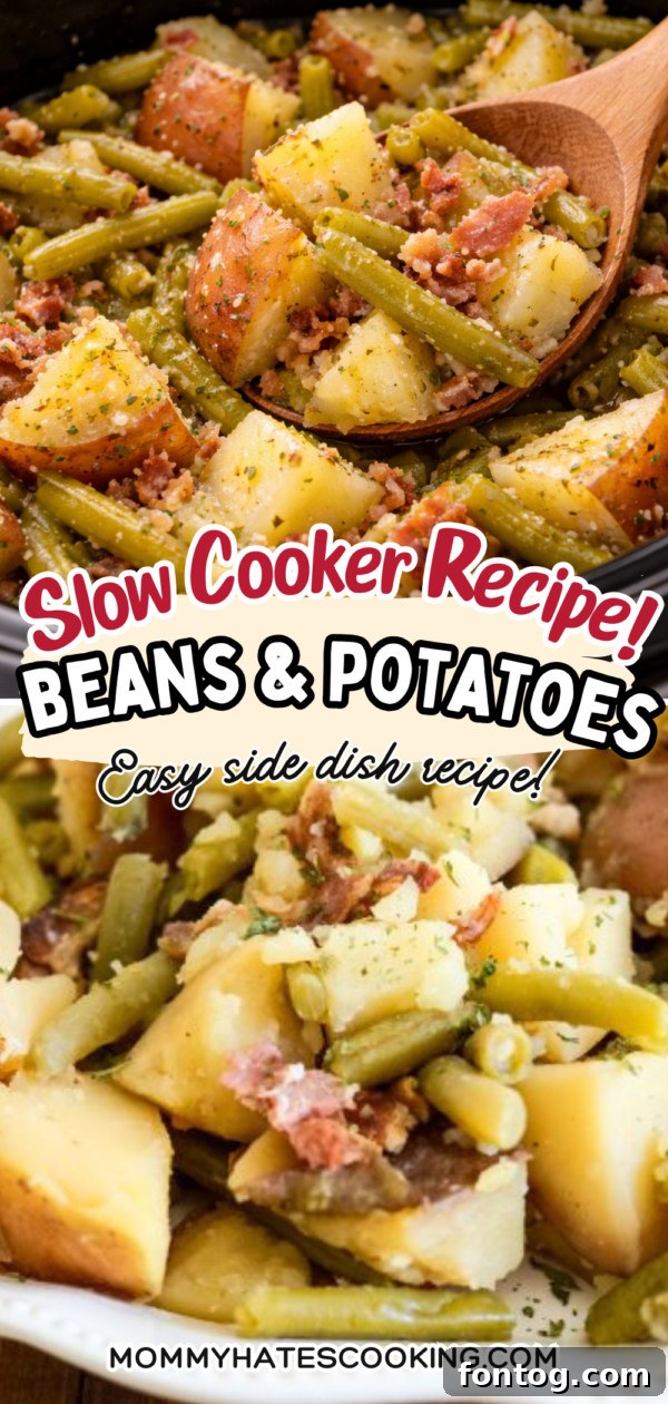 close-up of slow cooker green beans and potatoes with bacon