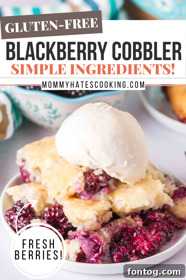 A Pinterest-optimized image for gluten-free blackberry cobbler recipe, showing the finished dessert.