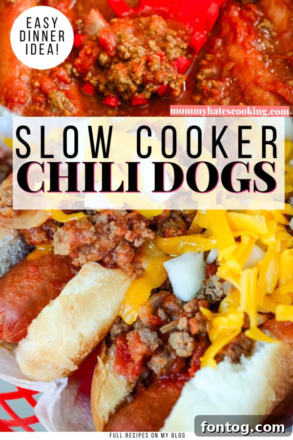 Overhead shot of slow cooker chili dogs with various toppings on a wooden board, perfect for sharing