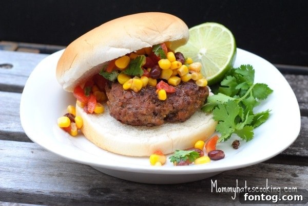 Corn Salsa Burgers Mouthwatering Corn Salsa Burger with fresh corn salsa, a perfect summer grilling recipe.