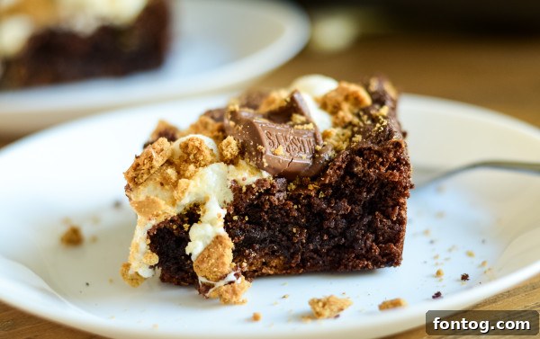 Close-up of a Gluten-Free S'mores Brownie with melted marshmallow and chocolate