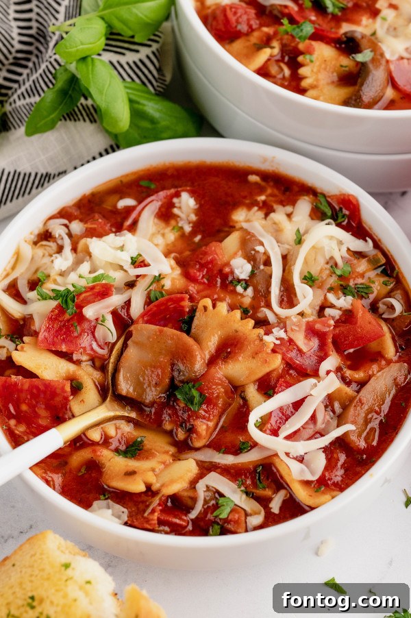slow cooker pizza soup ready to serve
