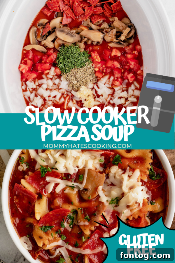 slow cooker pizza soup pin graphic