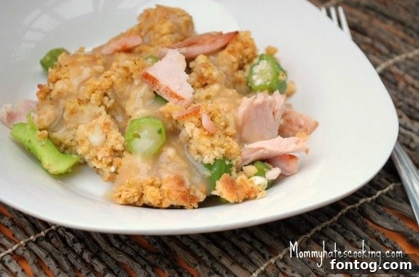 A savory platter of Oklahoma Style Stuffing with turkey gravy