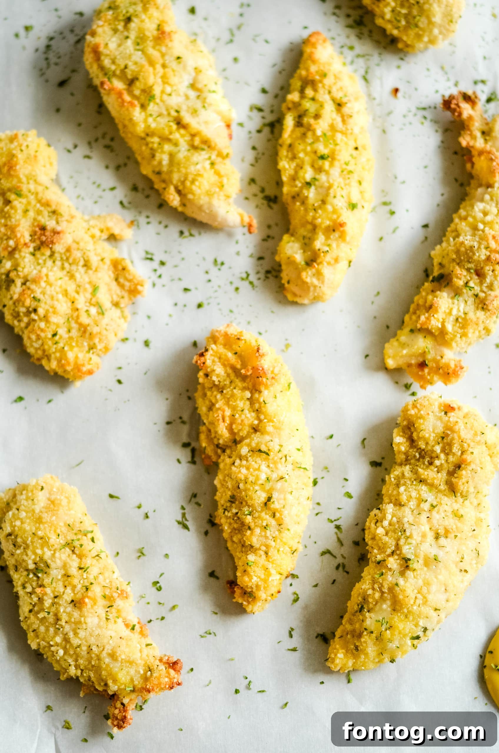 Crispy Ranch Chicken Tenders 8 Crispy Ranch Breaded Chicken Tenders on a baking sheet.