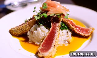 Seared Maui Ahi Tuna with vanilla-bean jasmine rice and apple cider vinaigrette