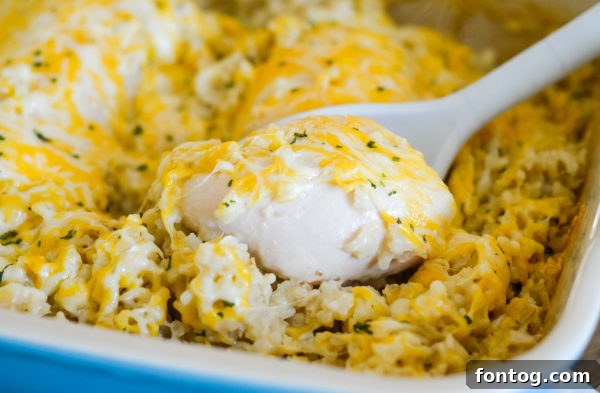 Close-up of creamy chicken and rice casserole with a hint of vegetables, showcasing its texture.