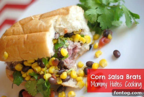 Charred Corn Salsa Brats 3 Close-up of Corn Salsa Brats on a hoagie roll