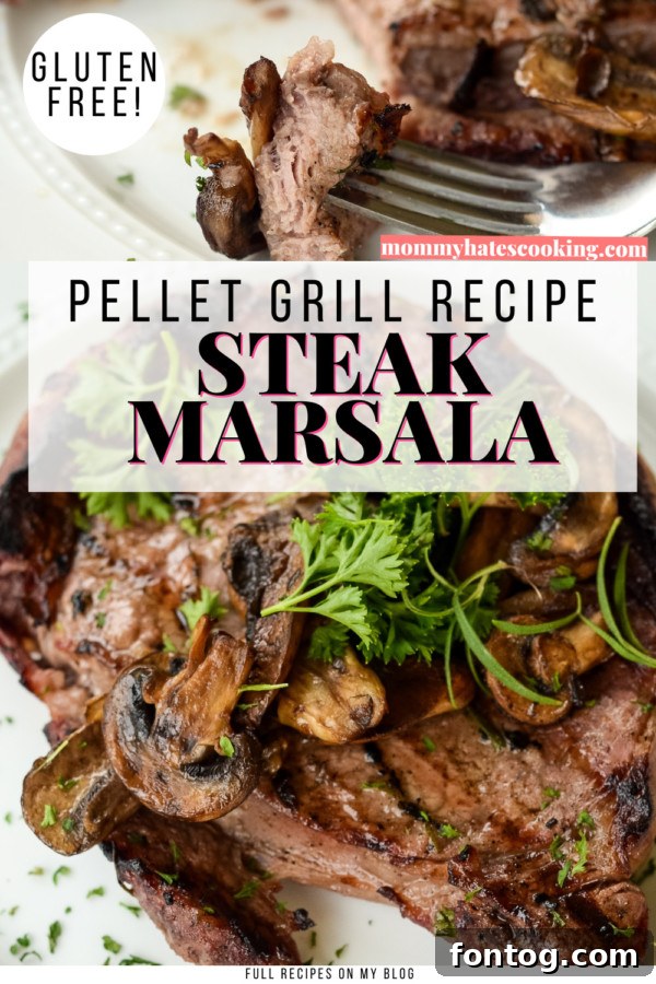 Grilled Marsala Steak recipe pin graphic