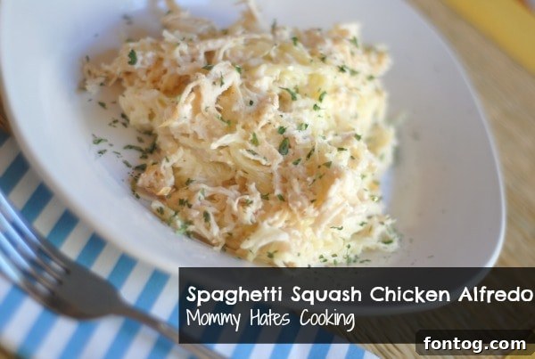 Delicious Spaghetti Squash Chicken Alfredo, a perfect healthy meal for busy families during summer.