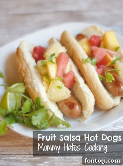 Delicious Fruit Salsa Hot Dogs - A unique and flavorful twist on a family favorite meal, perfect for summer or back-to-school menus.