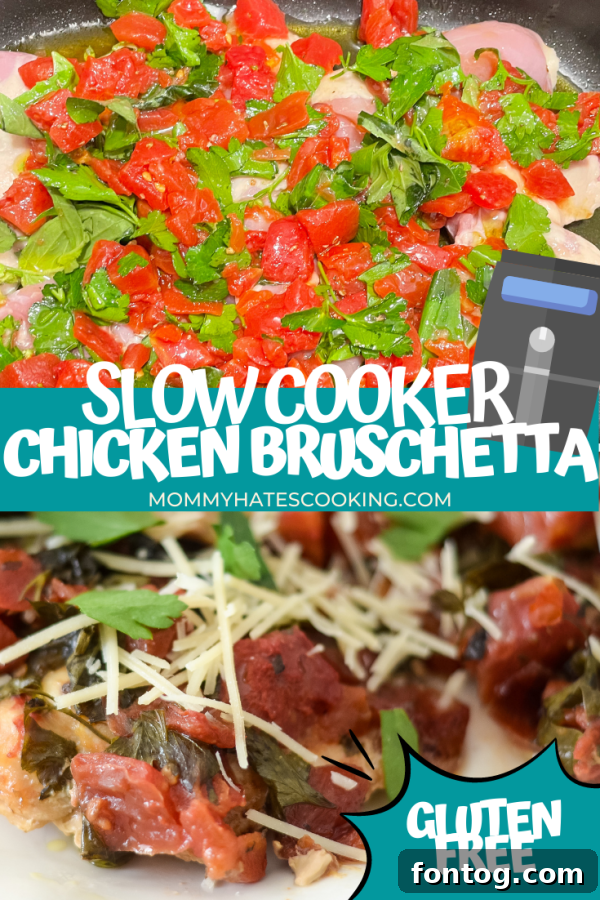 vertical pinterest pin image for slow cooker chicken bruschetta