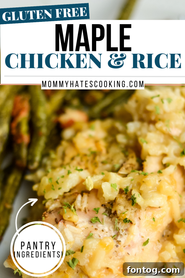 A vibrant Pinterest-friendly image of Maple Chicken and Rice Bake with text overlay.