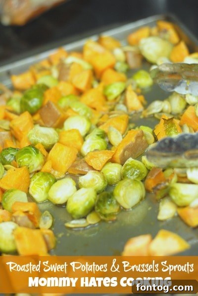 Close-up of Roasted Sweet Potatoes & Brussels Sprouts