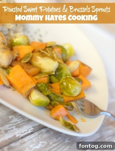 Roasted Sweet Potatoes & Brussels Sprouts in a Bowl