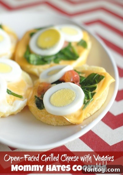 Open-Faced Grilled Cheese with Veggies on an English Muffin