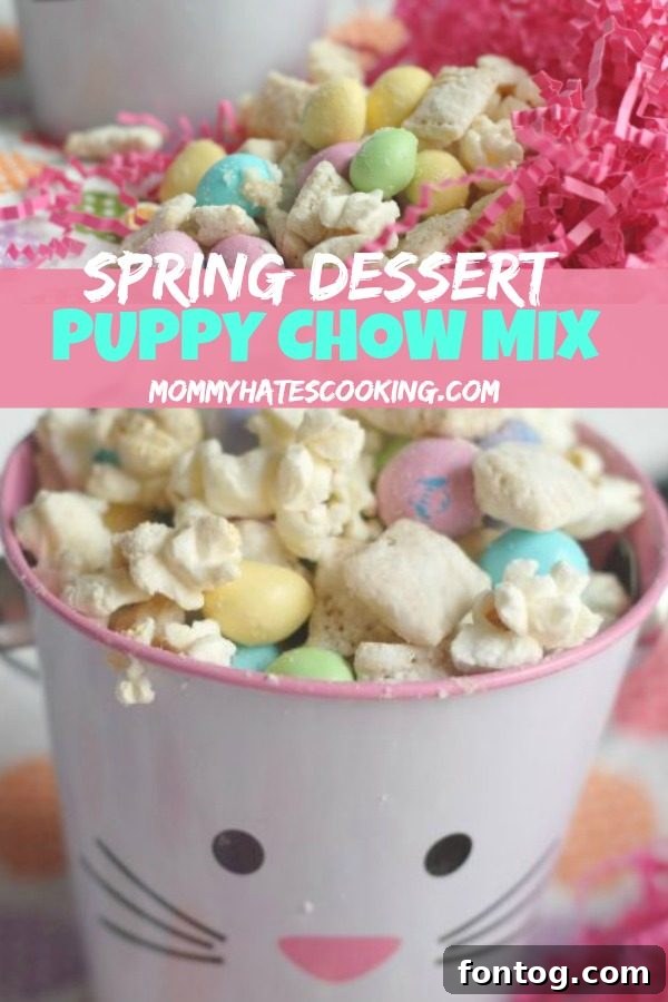 Large bowl filled with colorful Spring Puppy Chow Mix, showcasing various candies and popcorn.