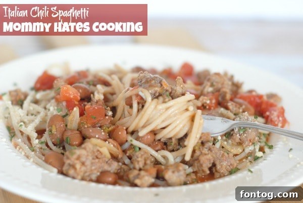 Serving of Italian Chili Spaghetti with a fork