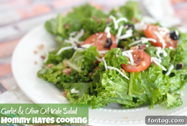 Close-up of Garlic & Olive Oil Kale Salad with all toppings