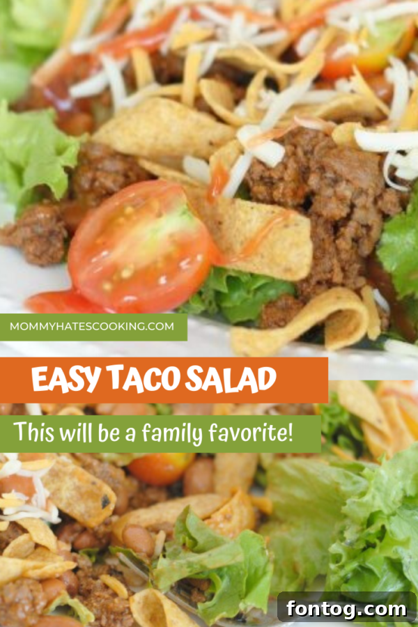 Large bowl of Easy Taco Salad with all fresh toppings, including a generous serving of seasoned meat and Fritos, perfect for a family meal