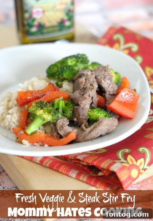 Sizzling Steak and Fresh Vegetable Stir Fry featuring Pompeian 2 Fresh Veggie & Steak Stir Fry with Pompeian Olive Oil