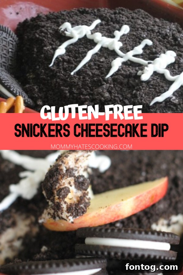 Snickers Cheesecake Dream Dip Gluten-Free 2 Snickers Cheesecake Dip, a perfect game day dessert, featuring crunchy cookie crumbs.