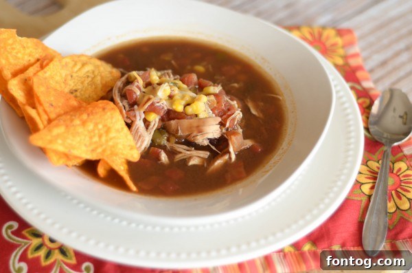 A comforting bowl of Slow Cooker Chicken Taco Soup, garnished with fresh cilantro, ready for a quick family dinner.