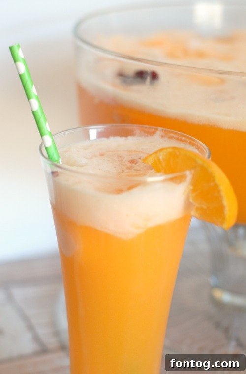 A glass of Cranberry Orange Punch with a scoop of orange sherbet melting on top, creating a frothy layer.