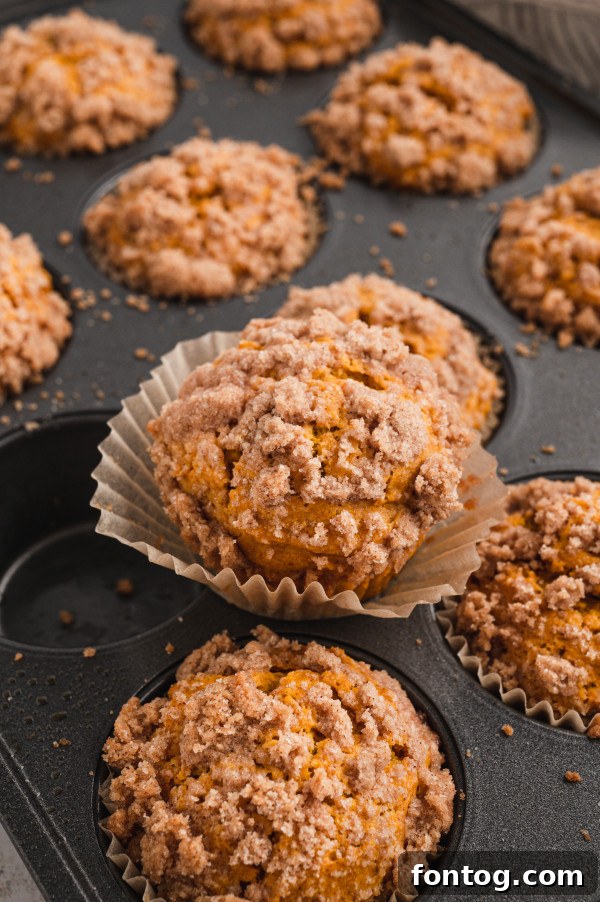 Muffins in the pan, generously topped with cinnamon streusel before baking