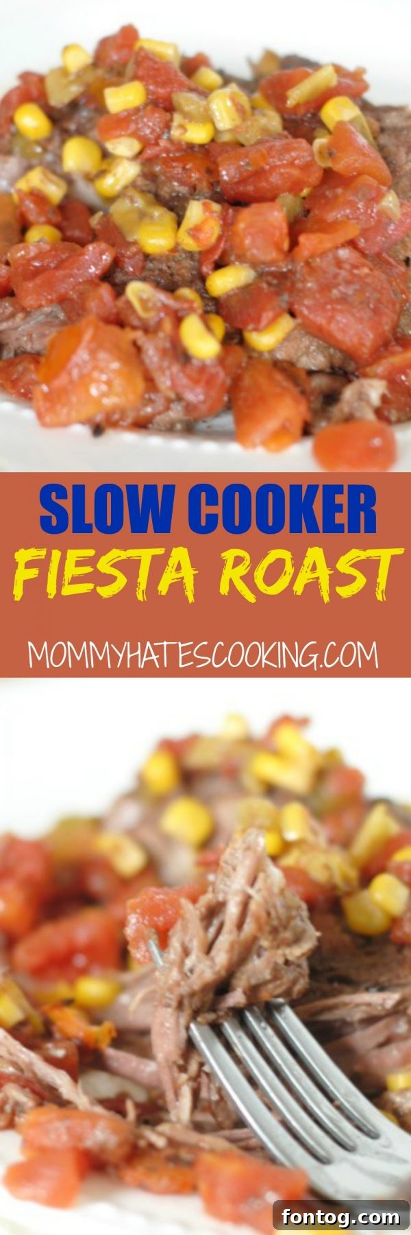 Slow Cooker Fiesta Roast recipe pin graphic with an appetizing image of the dish