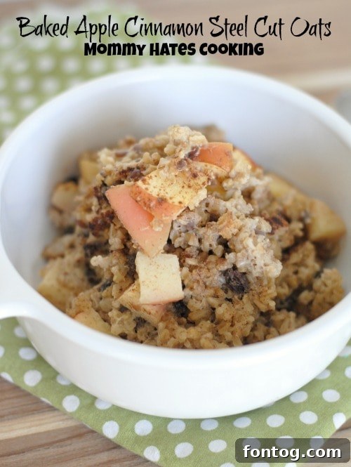 Apple Pie Spiced Baked Oats 2 Delicious Baked Apple Cinnamon Steel Cut Oats, garnished with fresh apple slices and a sprinkle of cinnamon, served in a rustic bowl.