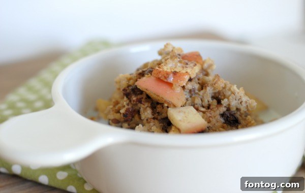Apple Pie Spiced Baked Oats 5 A bowl of Baked Apple Cinnamon Steel Cut Oats, ready to be served, highlighting the delicious texture and fruit pieces.