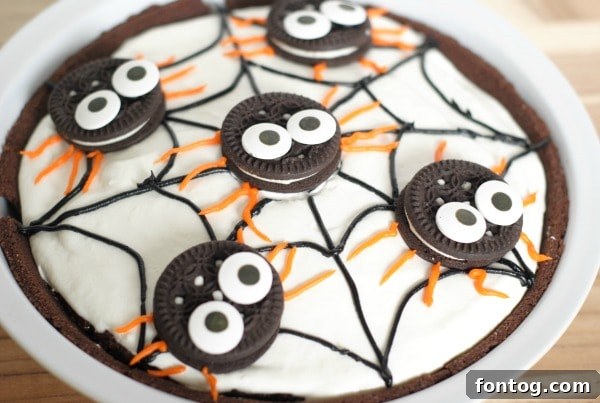 Close-up of a decorated No-Bake Spider Pudding Pie, showing a chocolate spider and intricate web details