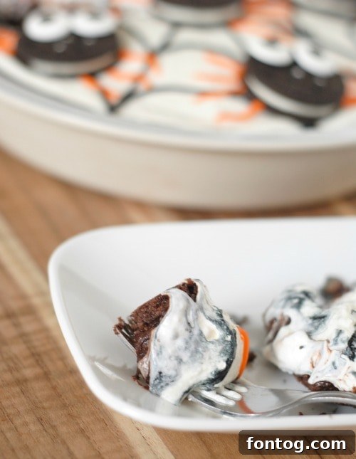 The impressive finished No-Bake Spider Pudding Pie, showcasing its artistic spiderweb and charming cookie spiders