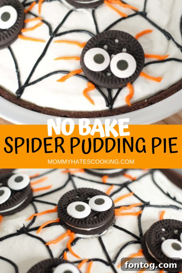 A grand, eye-catching image of the finished No-Bake Spider Pudding Pie, perfect for Halloween gatherings