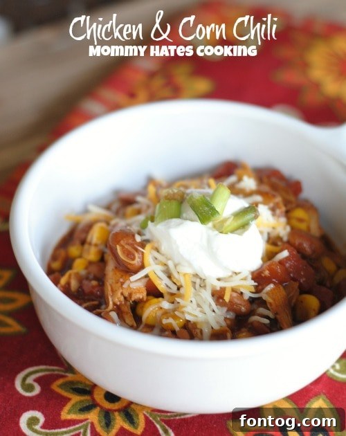 Hearty bowl of Gluten-Free Chicken & Corn Chili with toppings