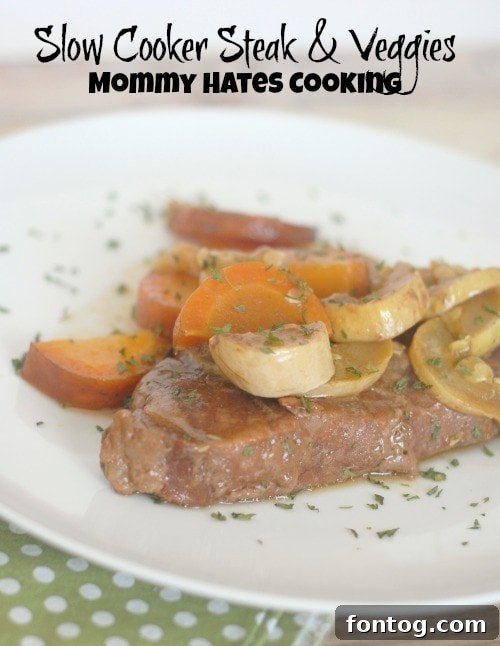 Slow Cooker Steak and Veggies 2 Tender Sirloin Steak with Sliced Carrots and Yellow Squash in a Slow Cooker