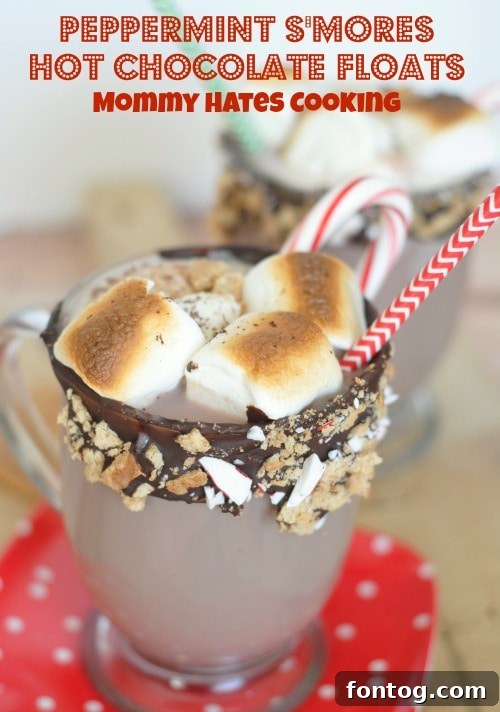 A tall glass of Peppermint S'mores Hot Chocolate Float with a chocolate and candy cane rim, topped with toasted marshmallows and a candy cane.