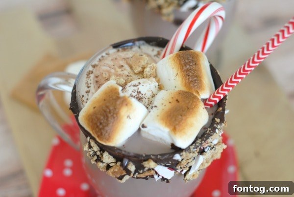 Close-up of a Peppermint S'mores Hot Chocolate Float with ice cream, toasted marshmallows, and a candy cane.