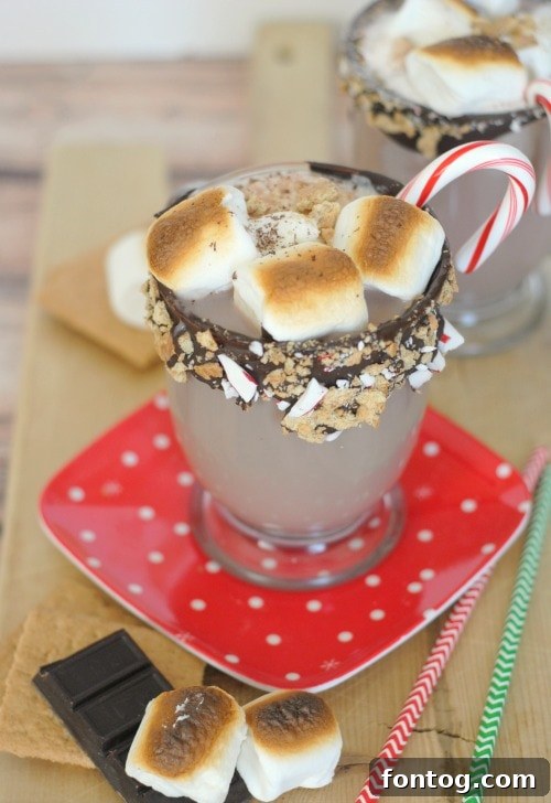 A glass rim expertly dipped in chocolate, crushed candy canes, and graham crackers.