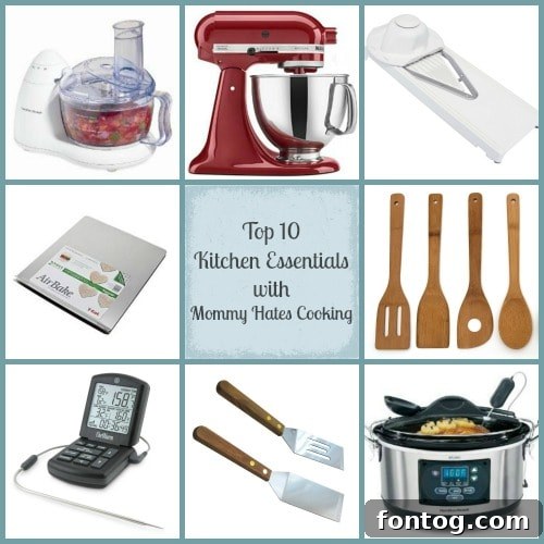 A curated collection of top 10 kitchen essentials for home cooks, featuring various cooking tools and gadgets including a stand mixer and a cast iron skillet.