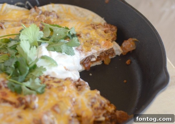 Closeup of Enchilada Casserole with melted cheese
