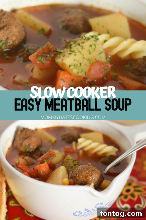 Slow Cooker Meatball Soup, overhead shot in a bowl with bread on the side