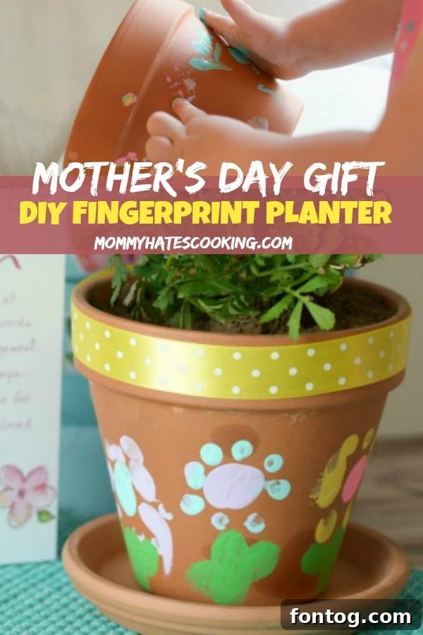 A stunning close-up of the finished fingerprint flower planter, ready for gifting.