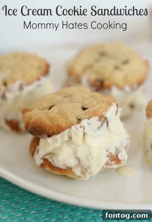 A freshly assembled gluten-free chocolate chip ice cream cookie sandwich on a rustic wooden surface, highlighting the thick cookies and creamy filling.