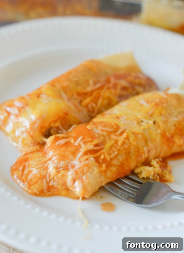 Morning Fiesta Enchiladas 2 Close-up of baked Breakfast Enchiladas with melted cheese and red sauce