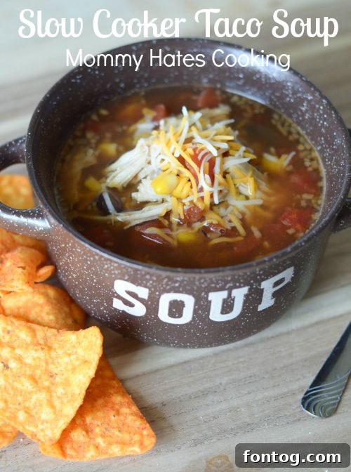 Delicious Slow Cooker Taco Soup ready to serve in a bowl