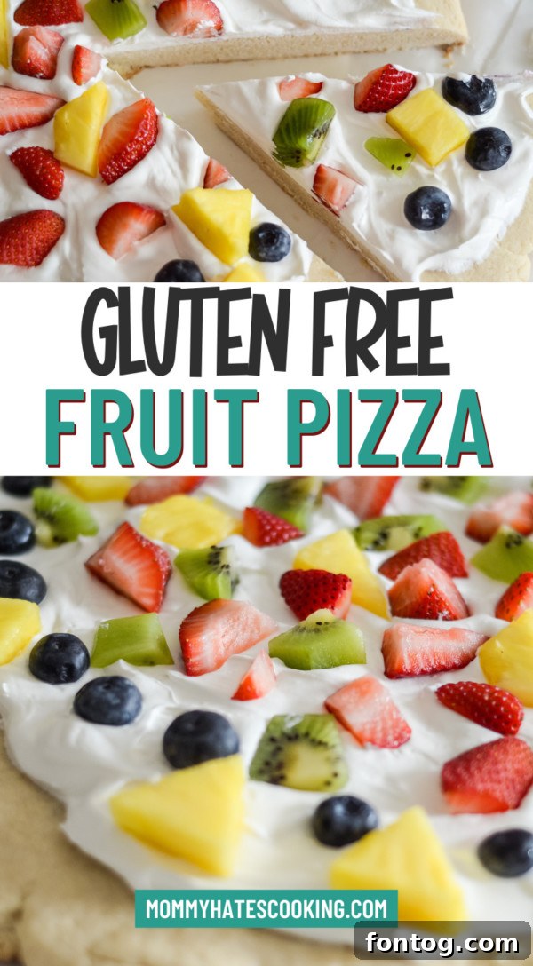 GLUTEN FREE FRUIT PIZZA - Discover our Gluten Free Fruit Pizza Recipe that's perfect for any celebration! This Easy Gluten Free Fruit Pizza is a Healthy Gluten Free Dessert Pizza made with a delicious Sugar Cookie Fruit Pizza base, topped with a vibrant mix of fresh fruits. Create your own Homemade Gluten Free Fruit Pizza that's as colorful as it is delicious!