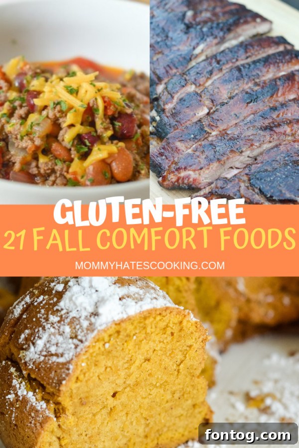 Autumn's Coziest Gluten-Free Comforts 6 A collage of various fall comfort food recipes, including chili, pumpkin bread, and apple desserts.