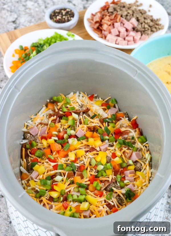 Ingredients for Crockpot Breakfast Casserole laid out